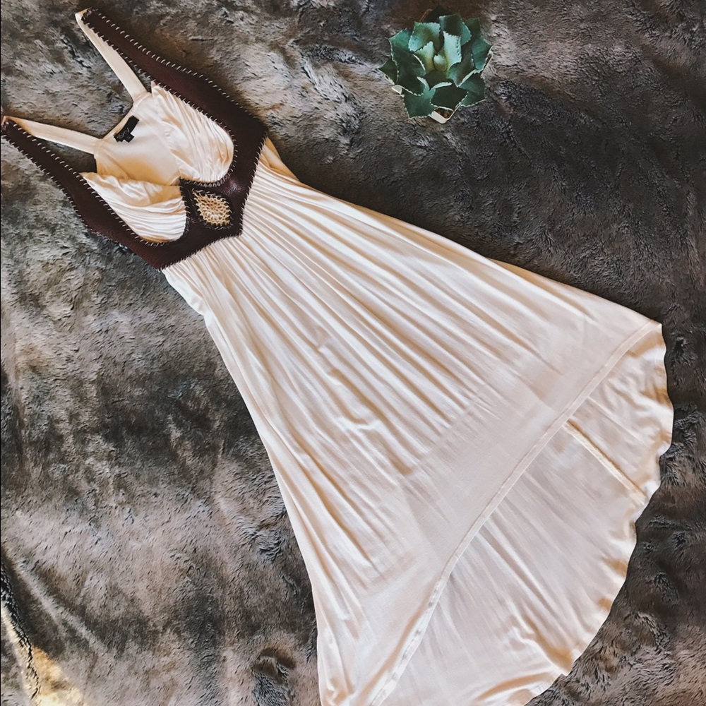 Sky GORGEOUS leather straps with woven center Cream  High Low Dress